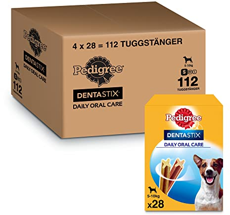 PEDIGREE DentaStix Hundesnack für kleine Hunde (5-10kg), Zahnpflege-Snack mit Huhn und Rind, 4 Packungen je 28 Stück (4 x 440 g)