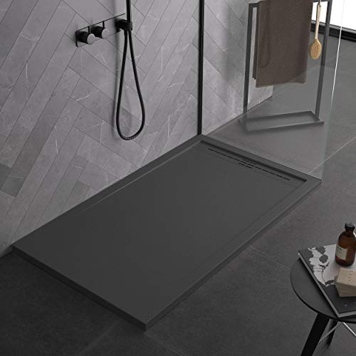 Plato de ducha gris de mineral con efecto pizarra de la serie Paris Slim 3 cm, revestimiento de Gelcoat, antideslizante