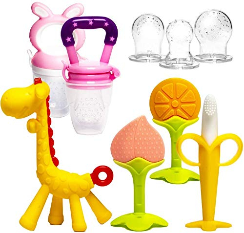 HONGTEYA Teething Toys for Baby (6 Pack) 4 Teethers for Babies 2 Fruit Feeders for Newborn BPA Free Natural Organic Silicone Baby Teethers Massage Set (Pink)