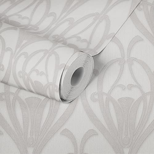 Livingwalls Carta da parati Barocco Mata Hari in stile Libertà Carta da parati in tessuto non tessuto grigio bianco metallizzato con effetto glitter finemente strutturato 380914