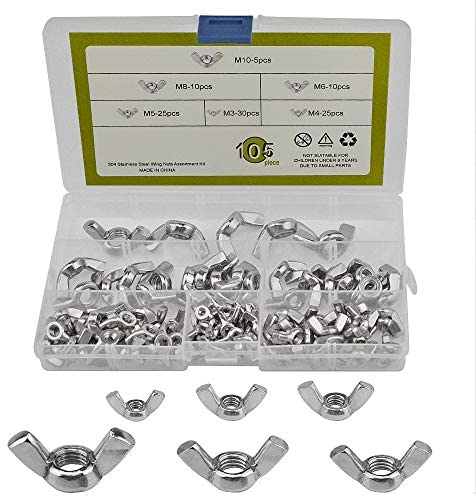 BGTXINGI 105 Stück Flügelmuttern 6 Arten 304 Edelstahl M3, 105 Stück M4 M5 M6 M8 M10 Schmetterlings Flügelmuttern Anti-Rutsch Anti-Lose Sortimentskit