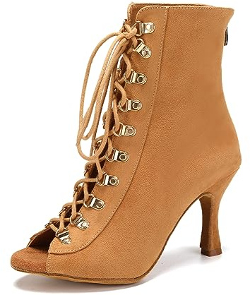 JUODVMP Peep Toe Zapatos de Baile Latino Mujer Botines de Cordones Tango Salsa Baile Botines Fiesta Camello Tacón de 8,5cm,39 EU