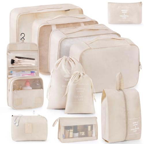 Anjing koffer Organizer 11-teilig, Packing Cubes, leichte Reisegepäck-Organizer, platzsparend, wasserdicht, platzsparend, Packwürfel für Koffer, travel organizer, Beige