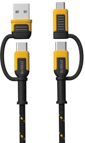 DEWALT Heavy Duty 4-in-1 Cable, Type C/Micro USB/USB Cable for iPhone 16, iPhone 15, iPad Charger USB C, Huawei, HTC, LG, Samsung Galaxy, Android Smartphones, iPad Pro, Micro C Charging (6ft, Black)