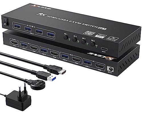 YOUTINGHDAV KVM Switch 4 PC 1 Monitor HDMI 4K@60Hz, EDID Emulator, USB 3.0 KVM Switch 4 Port Teilen Tastatur Maus Monitor, HDMI USB Switch mit Wired Remote und USB3.0 Kabeln