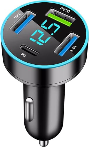 OneNine Cargador de coche USB C de 4 puertos, adaptador de encendedor de cigarrillos, 50 W PD&QC 3.0, cargador rápido con voltímetro LED, 12 V, conector USB, compatible con iPhone 14/13, iPad,