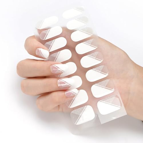 16PCS Autocollants Auto-adhésifs pour Vernis à Ongles, Blanc Français Autocollant Ongle Gel UV Semi Durci, Bandes d'ongles en Gel Couverture Complète Nails Wraps pour Femme Fille