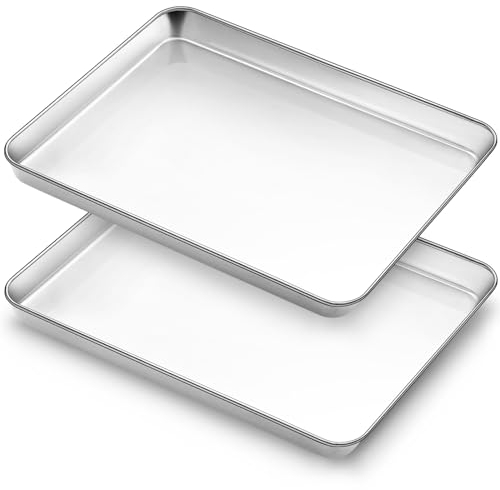 Baking Tray Set of 2, Bastwe Stainless Steel Oven Trays, Rectangle Baking Sheets Pans Perfect for Cooking Serving, Non Toxic & Rust Free, Mirror Finished & Dishwasher Safe (9 x 7 x 1 inch)
