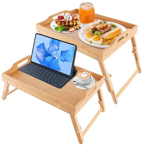 SHUESS 2 Pack Bamboo Bed Tray - 41.5 x 30 x 24.5 cm Breakfast Tray with Adjustable Folding Legs, Raised Food Table Up to 9.5 - Bed Table Tray for Bed, Sofa, Eating, Working, and Drawing (Natural)