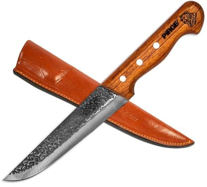 Pirge Elite Handgeschmiedet Schlachtermesser mit Lederscheide 19 cm Metzgermesser - Fleischermesser - Stechmesser - Exzellenter Schärfe Metzgermesser - Edelstahl Küchenmesser - Naturholz Griffdesign