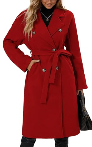 Maeau - Manteau Long en Tweed Femme Double Boutonnage Automne Hiver Veste Longue Chaud Élégant Décontracté Blazer Long Trench-coat avec Ceinture - Rouge - XL