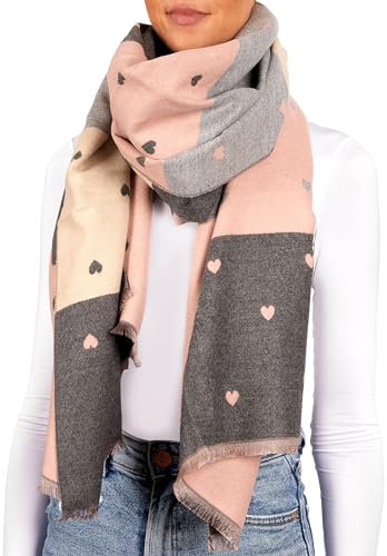 BRUBAKER Cashmirillo Damen Schal mit Herz Muster - 70 x 200 cm - Warm, Kuschelig und Oversized - Winterschal für Herbst und Winter - Weiches Kaschmir-Gefühl - Rosa, Grau und Beige