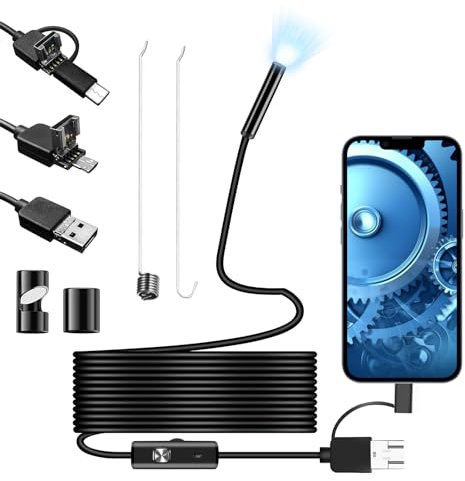 USB Endoscope Inspection Camera, Drain Camera Inspection Borescope with Adjustable 6 LED Light Flexible Scope Tube Sink Pipe Fibre Optic Telescopic Cameras with Grabber for Android Phone Tablet
