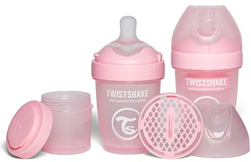 Twistshake 2x Pro Double Biberón Anticólicos con Recipiente para Leche en Polvo - 180 ml | Pezón de Silicona de Flujo Lento con Forma de Seno | Sin BPA | Adecuado para Bebés Recién Nacidos | Rosa