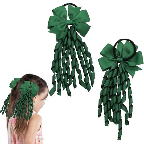 2 Pcs Green Hair Accessories School Hair Bow Spiral Hair Ties Girls Bows Ribbon Kit Kids Bands Ribbons Band Personalised Scrunchie Headband Green Bobbles Set,for Girl Ponytail Streamers Scrunchies