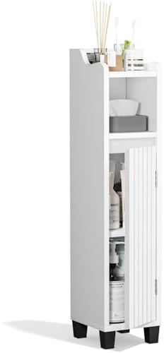 Skokliz Slim Bathroom Floor Storage Cabinet with Door and Adjustable Shelves, Freestanding Bathroom Storage Unit, Narrow Bathroom Toilet Paper Storage Cabinet