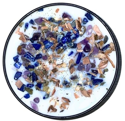 BlkGrlMagick Athena Greek Goddess Crystal Candle, Minerva Roman Goddess of War and Wisdom, Cactus Flower Jade Scented with Rainbow Fluorite and Lapis Lazuli, Handmade Deity Altar Candles (4oz Tin)