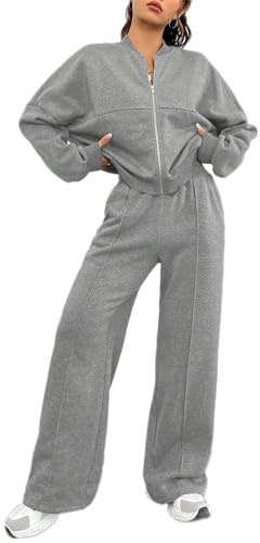 ticticlily Tuta Donna Sportiva Invernale Autunnale Tute Ginnastica 2 pezzi Giacche con Cerniera e Pantaloni Gamba Larga Dritta Completi Sportivi Completo da Casa Casuale Jogging A Grigio L