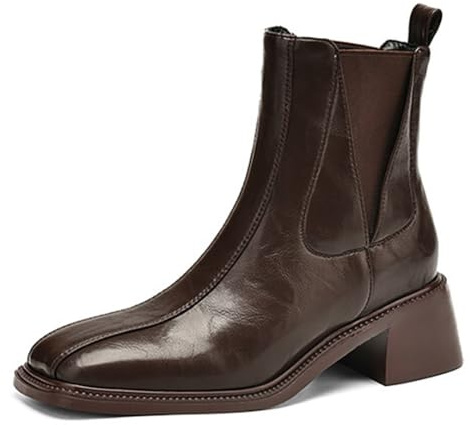Qynthra Stivaletti Chelsea Donna Tacco Blocco Slip-On Punta Quadrata per Ricevimento di Matrimonio & Abbigliamento Autunno Inverno Microfibra Comoda,Brown (Thin),43 EU