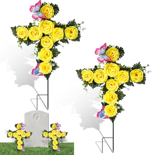 Luinabio 2 Pcs Memorial Day Cemetery Flowers for Grave Artificial Cross Memorial Flowers Stand with Stake Artificial Butterfly Yellow Silk Rose Spring Floral Bouquets for Headstone Gravesite Decor