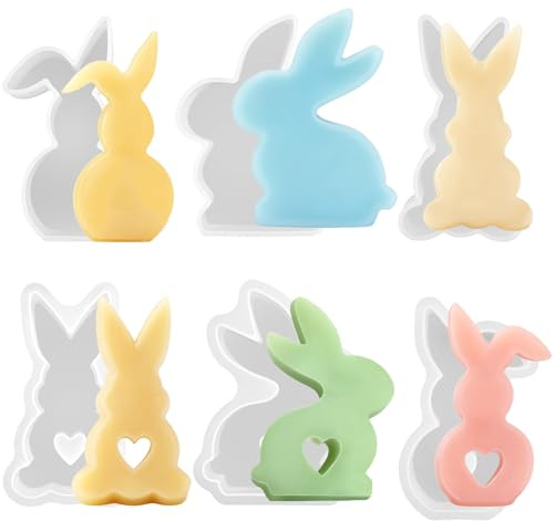 Juego de 6 moldes de silicona de Pascua con forma de conejo de Pascua, molde de silicona 3D para velas, yeso, jabón, fundición, moldes reutilizables y flexibles para manualidades, decoración de Pascua