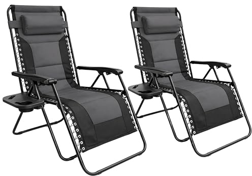 Outsetter Set of 2 Extra Wide Zero Gravity Chairs, Luxury XXL Premium Heavy Duty Padded Garden Recliners,Sun Lounger Folding Garden Recliner,Adjustable Headrest,Cup & Phone Holder(Dark Grey)