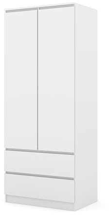 Homlando Armoire de Chambre 2 Portes et 2 Tiroirs, Penderie de Rangement Moderne avec Tringle et Système sans Poignée, Garde-Robe Gain de Place pour Entrée et Bureau, Style Minimaliste (Blanc)