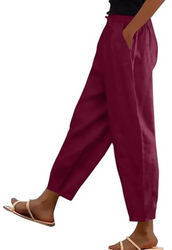 Pantalon De Lino Mujer,Pantalones De Pierna Ancha para Mujer Algodón Y Lino Cintura Alta Recto Verano Boho Pantalones Palazzo con Bolsillos Casual Fluido Pantalón Largos Suelto Liso Pantalón