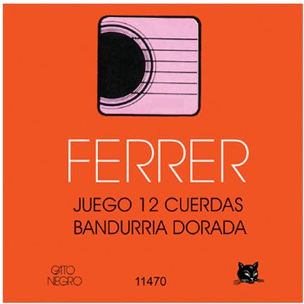 Ferrer Gato Negro Juego de Cuerdas para Bandurria 12 Cuerdas Doradas, Acero al Carbono con Entorchado Latón Dorado, Fabricado Artesanalmente en España desde 1868