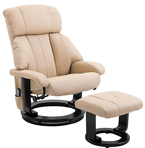 HOMCOM Relaxsessel mit Hocker, drehbarer Fernsehsessel mit Massagefunktion, Liegefunktion, Massagesessel mit Fernbedienung, Seitentasche, Ruhesessel aus Kunstleder für Wohnzimmer Cremeweiß