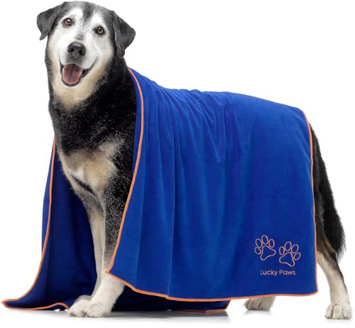 Lucky Paws® hundhandduk XL 140x70 cm – superabsorberande & lyxigt mjuk hundhandduk – snabbtorkande mikrofiber hundbadhandduk – premium hundhanddukar (1-pack, Blå)