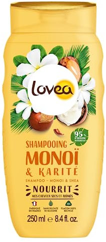 LOVEA - Shampooing - Monoï & Karité - Nettoie, Nourrit & Répare - Cheveux Secs Et Abimés - 95% D'Origine Naturelle - Sans Silicone - Sans Sulfate - Fabriqué En France - 250 ml