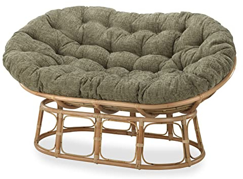 Desser Natural Rattan Double Papasan Chair with Cushion - Mamasan Sofa Adjustable Indoor 2 Seater with UK Made Padded Cushions in Jubilee Sage - Fully Assembled - H97 x W170 x D85cm