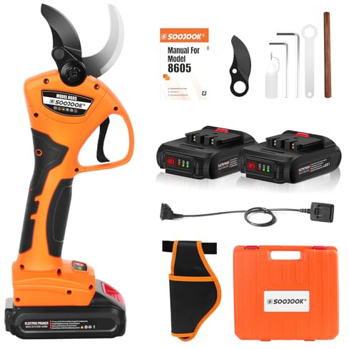 SOOJOOK 8605 Secateur Electrique Professionnel, 40mm Secateur Electrique Sans Fil, 1050W 2x21V 2A Sécateur à Batterie Pour Oliviers, Vignobles, Les Pommiers, avec 1.2M Câble d'extension