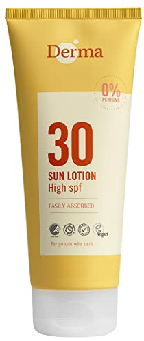 DERMA Sonnenlotion LSF30 für Gesicht und Körper | Nicht-fettend & Wasserfest | Feuchtigkeitsspendend Sonnenschutz UVA-UVB mit Vitamin E und natürliche Öle | Parfümfrei für Empfindliche Haut | 200ml