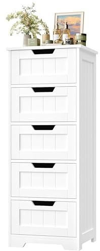 FOTOSOK Bathroom Cabinet, Bathroom Storage Cabinet with 5 Drawers, Wooden Storage Cabinets with Cut-Out Handles, 11.8” x 15.7” x 40.1” Bathrooms Floor Cabinets for Hallway/Living Room, White