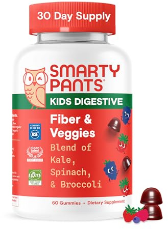 SmartyPants Kids Fiber & Veggies: Prebiotic Fiber Gummies for Kids, Fiber Supplement with Inulin, Organic Green Veggie Blend, Vegan, Gluten Free, Mixed Berry Flavor, 60 Count (30 Day Supply)