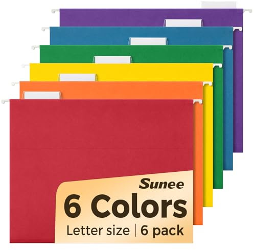 SUNEE Hanging File Folders, 6 Pack Letter Size Hanging File Folders with 1/5-Cut Tabs, Ideal for Home and Office Organization and Papers Classification,Assorted Colors