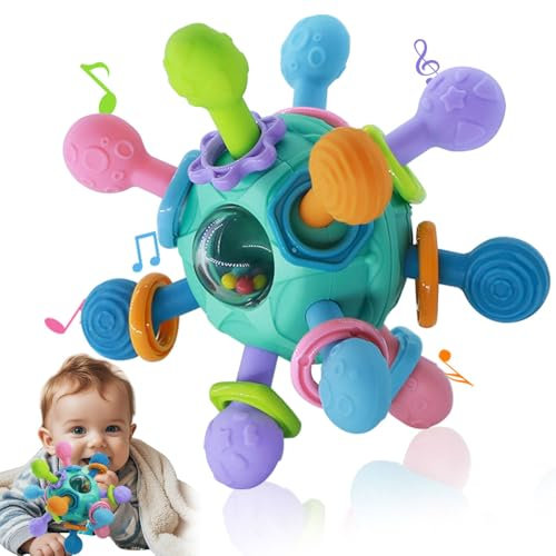 Baby Spielzeug ab 3 Monate, Sensorik Beißspielzeug,Babyspielzeug 0-6 Monate Mit Shaker/Grab/Spin, Montessori Greifball für Babys, Baby Geschenk ab 0 4 6 9 Monate (Blau)