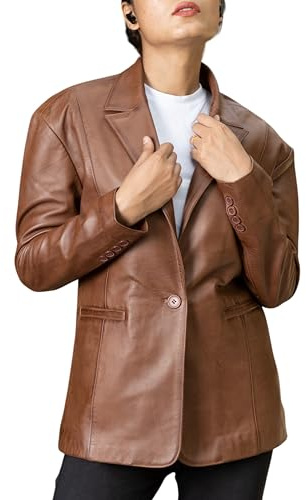Jild Oversized Lambskin Leather Blazer Women - Business Casual Coat Plus Size Leather Jacket Women (OB-Brown-XL)