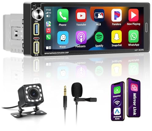 Hikity Radio de Coche 1 DIN Bluetooth con Inalámbrico Carplay y Android Auto Pantalla 1 DIN Táctil 6.9 Pulgadas Autoradio, Pantalla Coche MP5 con Mirror Link FM EQ USB Tipo-C Cámara de Trasera