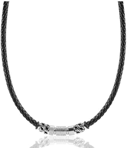 Casisto.J Collar Hombre Cuero, Cadena Cuero tejida en negro, Collar de Cuero abrochado en acero inoxidable para hombres, Longitud 45-55cm Opcional