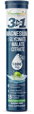 Vitaminnica Magnesium 3-in-1-15 Effervescent Tablets Green Apple Flavour – High Absorption Magnesium Malate, Citrate & Glycinate – Energy, Muscle Function & Relaxation – Sugar-Free