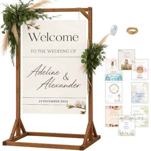 Merrifete Wooden Welcome Sign Stand, Adjustable Sign Holder Stand, Heavy Duty Wood Easel w/ Poster Design Templates & Leather Straps for Wedding, Bridal Baby Shower, Birthday Party, 62 x 30 x 20