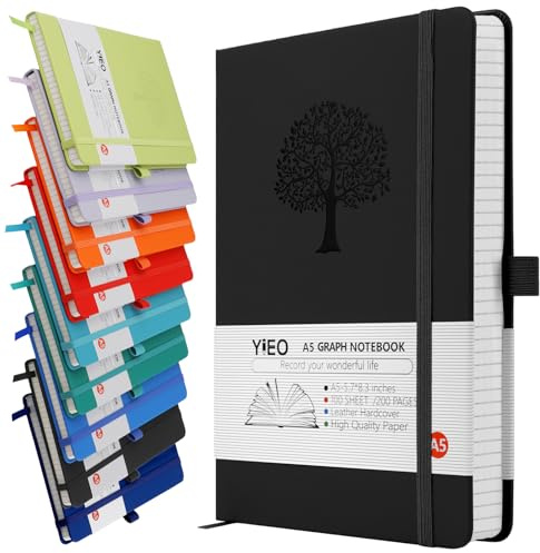 A5 Journal Notebook Graph Paper, 200 Pages Leather Squared Journal Notebook for Women Men, Hardback Note Book with 80GSM Grid Paper, No Bleed for Writing, Notepad for Office School Supplies, Black