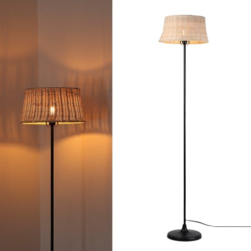 Alpinaluz Lámpara de Pie de Bambú y Mimbre Tejido a Mano – Pantalla Ø28 cm, Altura 147 cm, Estructura Metálica Negra con Interruptor de Pie y Casquillo E27 para Salón, Dormitorio o Lectura
