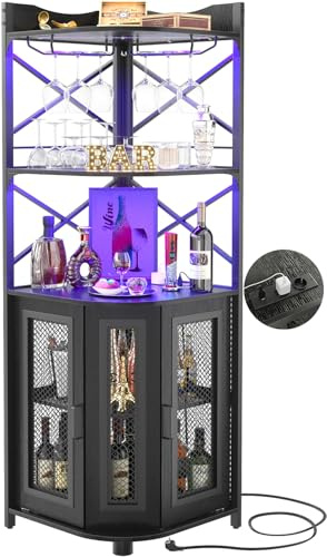iSunirm Mobile bar angolare presa di corrente, mobile portabottiglie industriale con striscia LED e portabicchieri, mobile bar a 5 ripiani per la casa, vetrina angolare per piccoli spazi, nero