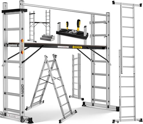 Masko Ponteggio in alluminio, impalcatura in alluminio, portata fino a 150 kg, rivestimento antiscivolo, scala per ponteggi, certificazione GS (EN 131)