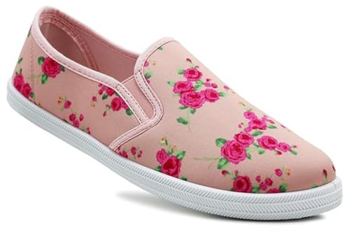 Womens Floral Canvas Plimsolls Slip On Trainers Ladies Casual Flat Pumps Lightweight Breathable Summer Shoes Comfort Cushioned Walking Gym Fashion Sneakers Pink Floral 5