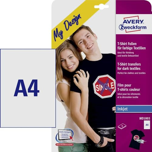 Avery-Zweckform My Design T-Shirt MD1003 Tintenstrahl Textilfolie DIN A4 Fuer farbige Textili, Weiß